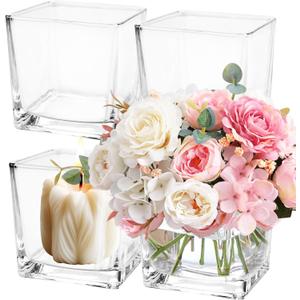 4 Pack 6 x 6 x 6 Inch Square Glass Vases, Clear Square Vases for Centerpiece, Cube Flower Vase for Candle Holder Events Wedding Party Home Decoration