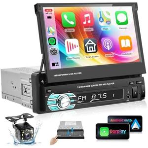 Single Din Car Stereo Radio with AppIe Carplay Android Auto Airplay MirrorLink,Podofo 7inch 1080P Flip Out Car Radio Bluetooth FM Radio HD Backup Camera,2.0 USB,TF Card,AUX-in Ports,Support SWC