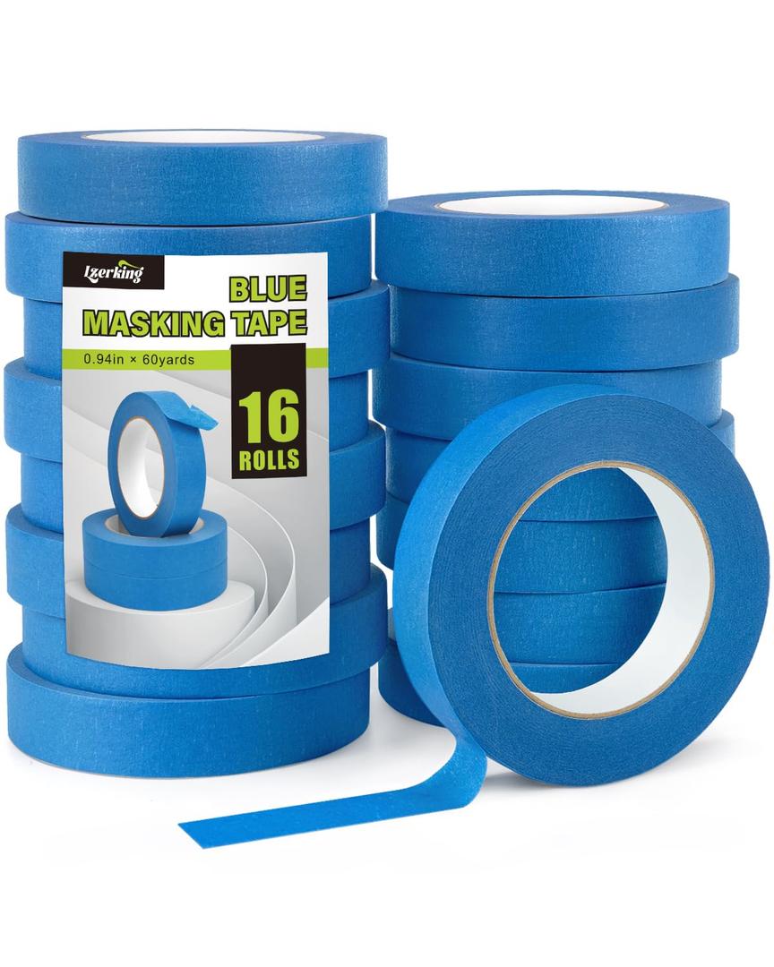 Lzerking Painters Tape 16 Rolls (Total 960 Yards) 0.94 Inch x 60 Yards Masking Tape Blue Paint Tape for Walls, Wood, Glass No Residue, Easy Tear