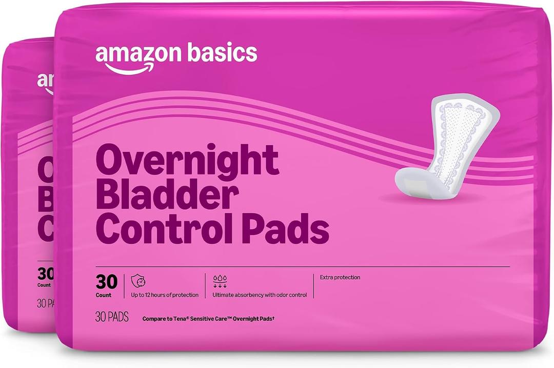 Amazon Basics Incontinence Pads for Women, Postpartum, Bladder Management, Overnight Absorbency, Unscented, with Odor Management, 60 Count (2 Packs of 30)