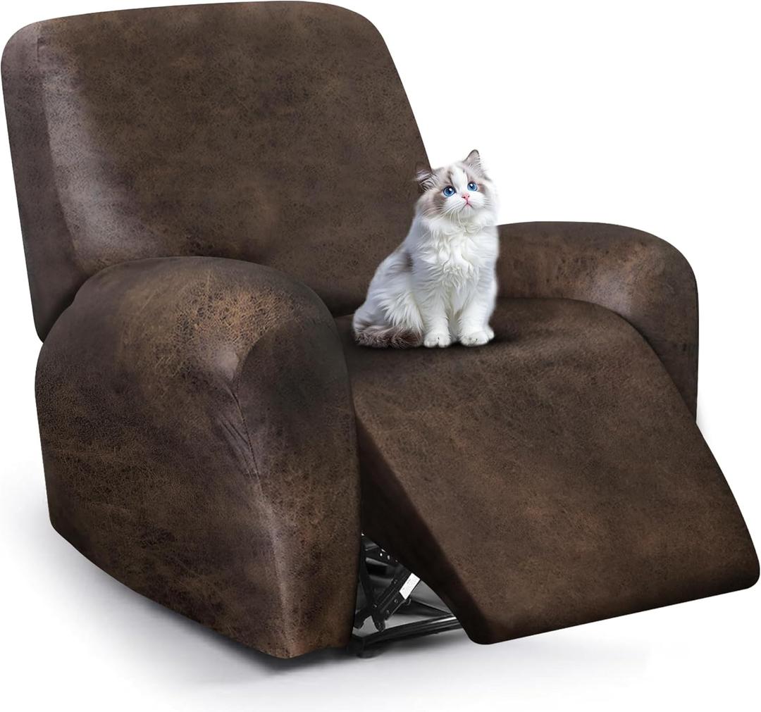 Leather Look Recliner Chair Covers, 4-Pieces Stretch Recliner Cover, Soft Reclining Chair Slipcover, Washable Furniture Protector for Lazy Boy Recliner (1 Seater, Brown)