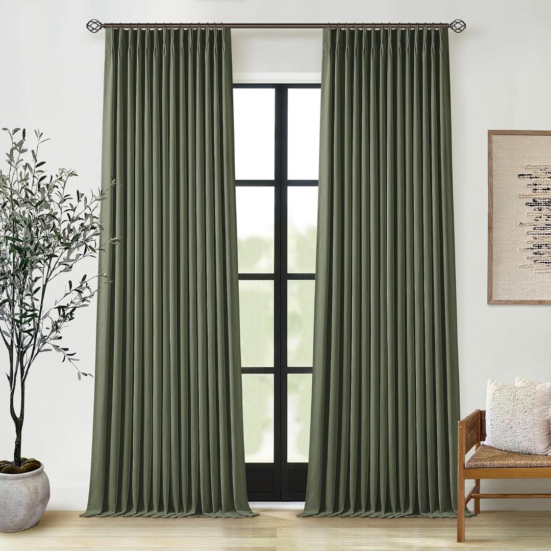 Olive Green Pleated Linen Blackout Curtains 90 Inches Long for Bedroom Living Room Pinch Pleat Black Out Thermal Insulated Ring Hooks Back Tab Room Darkening Drapes Dark Green Curtains with Liner (40"W x 90"L (Pack of 2))