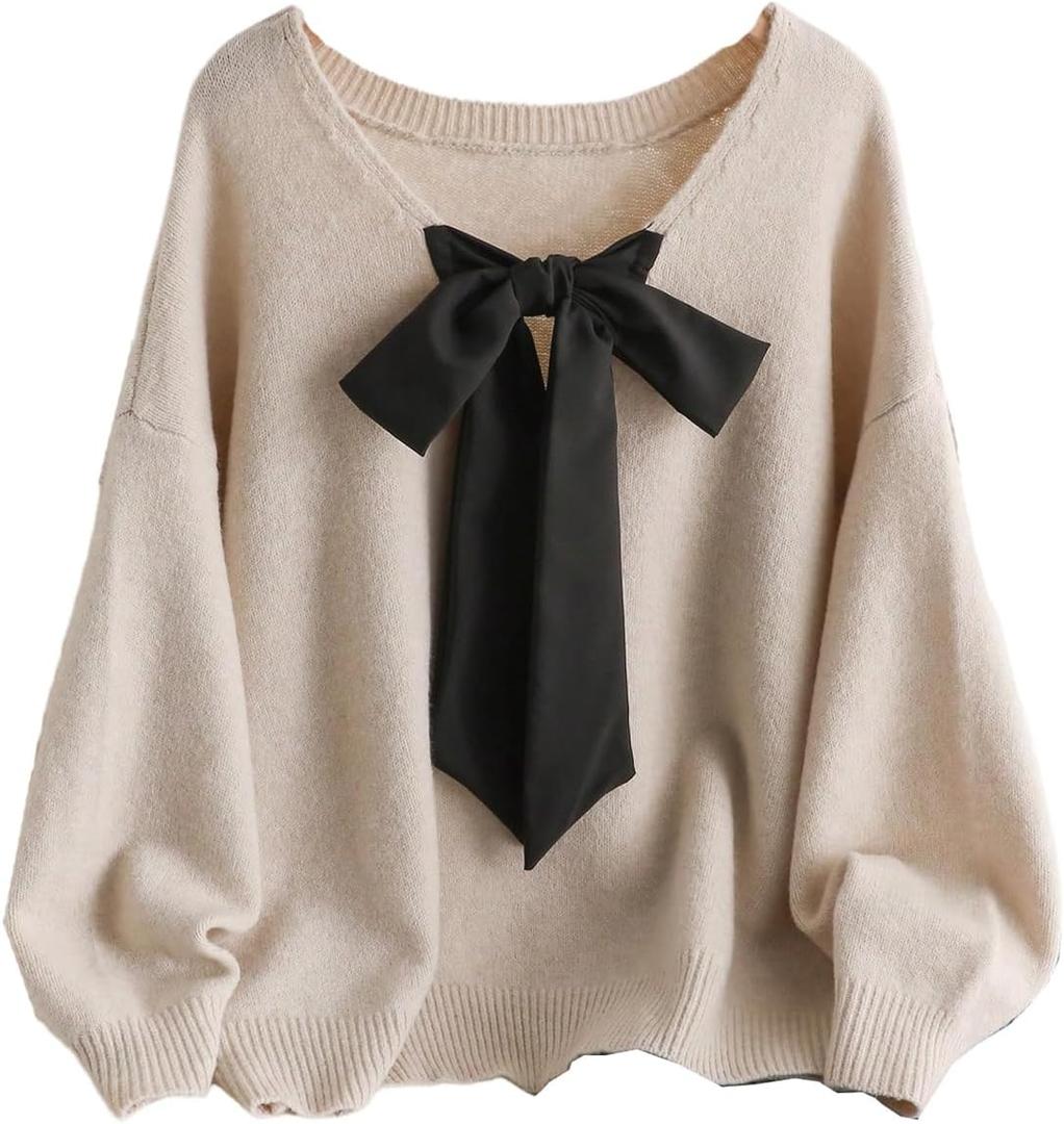 SOLY HUX Women's Plus Size Sweaters Pullover Bowknot V Neck Long Sleeve Knit Tops Fall Clothes (Apricot, XL Plus)