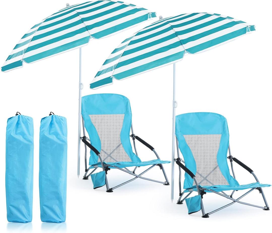 Huwena 2 Pack Beach Chairs with Umbrella for Adults, Low Folding Chair Set, Adjustable Detachable Umbrella, Lightweight Portable with Cup Holder & Carry Bag, for Beach Camping Travel(Blue), 22 x 21 x 28 inches
