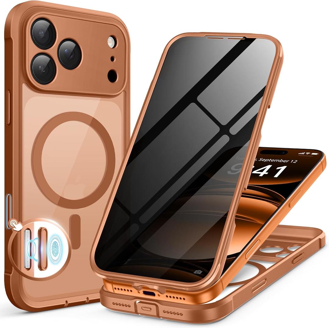 BERFY for iPhone 17 Pro Case, Compatible with MagSafe, Built-in Privacy Screen Protector and Camera Protection, Anti-Spy Full Body Shockproof Clear Phone Case for 17 Pro 6.3", Dark Orange