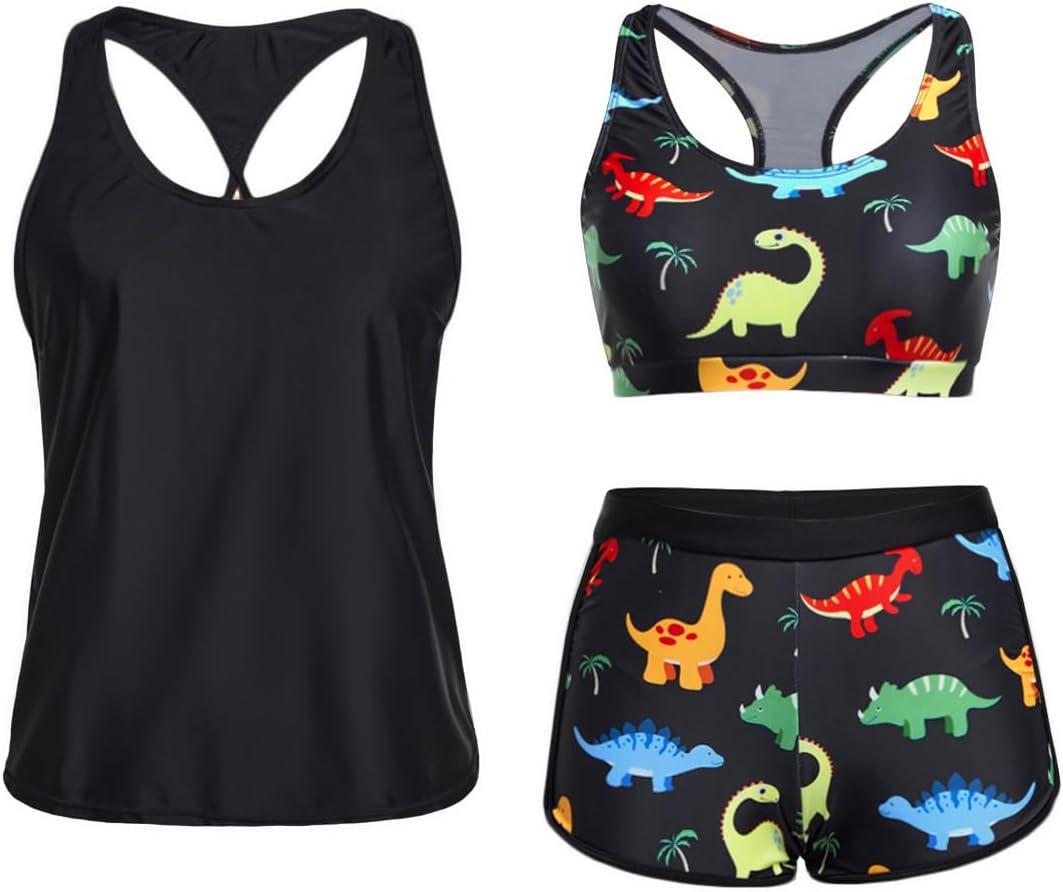 Yonique 3 Piece Athletic Tankini Swimsuits for Women with Shorts Swim Tank Tops with Sports Bra and Boyshorts Bathing Suits (X-Large, Black Colorful Dinosaur)