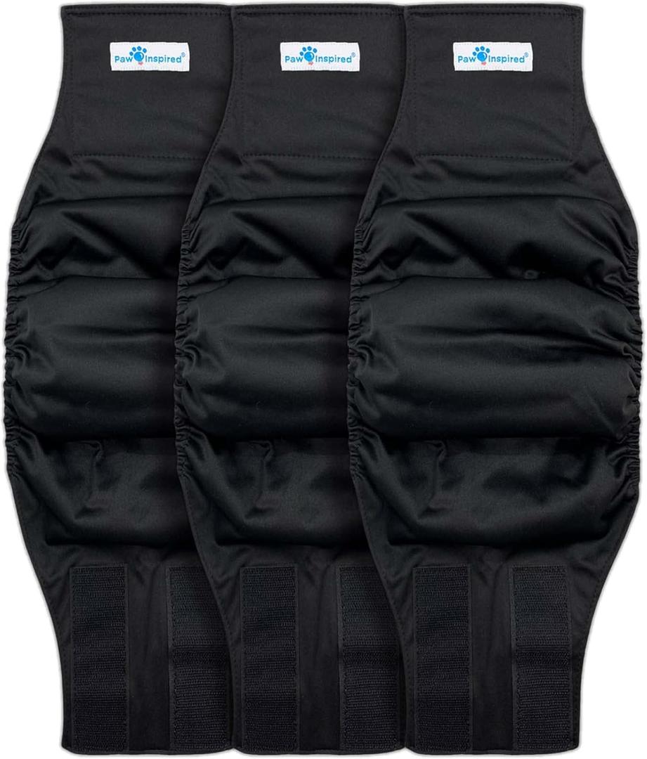PAW Inspired Belly Band Male Dog WRAP Washable, Black, Black Lining, Medium, 3 Count