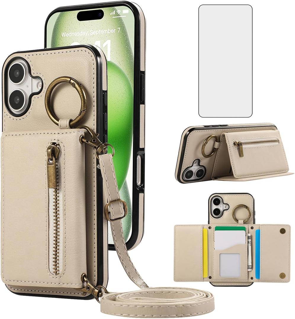 Asuwish Compatible with iPhone 16 6.1 inch Wallet Case with Screen Protector and Crossbody Shoulder Strap Ring Buckle Stand Card Holder Phone Cover for i Phone16 i16 16Case Women Girls Men Beige