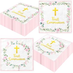 2 x First Communion Decorations for Girls, 50pcs Pink Baptism Napkins First Communion Paper Napkins for Baptism Decorations, Easter Party, First Communion Party Supplies