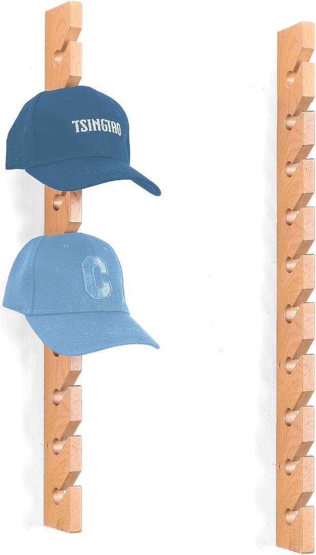2 Pack Beech Wood Hat Rack for Wall – 10 Hooks Baseball Cap Organizer | Vertical Hats Hooks & Display Holder Storage for Entryway, Bedroom | Durable Wall-Mounted Hat Hanger | Ideal Gift
