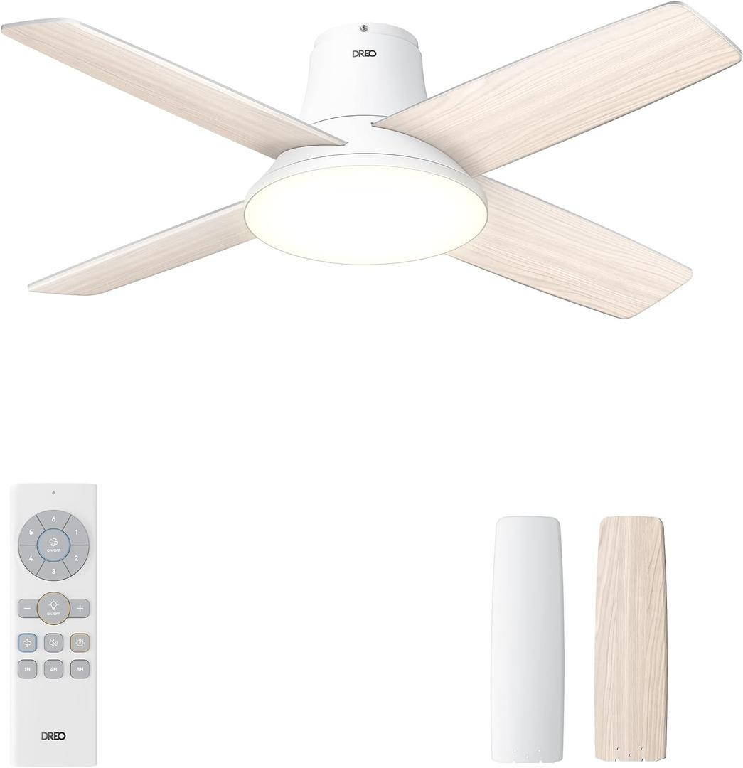 Dreo Ceiling Fans with Lights and Remote, 44 inch Low Profile White Ceiling Fan, Reversible, 5CCT, 6-Level Dimmable, 6 Speeds Bedroom Ceiling Fan, Quiet, Easy to Install, Timer, Flush Mount