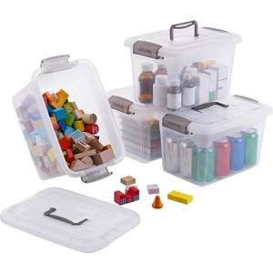 Citylife 4 Packs 6 QT Storage Bins with Lids Clear Plastic Bins with Grey Handle Stackable Storage Containers for Organizing