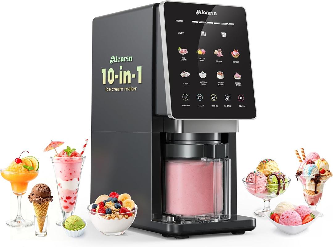 Alcarin Ice Cream Maker with 1 Pint (Not Freezer), Frozen Treat Machine | Homemade Ice Cream Machine, Gelato, Slushie, Yogurt, Sorbet, 10 Pre-set Programs, Respin & Minx-in Function