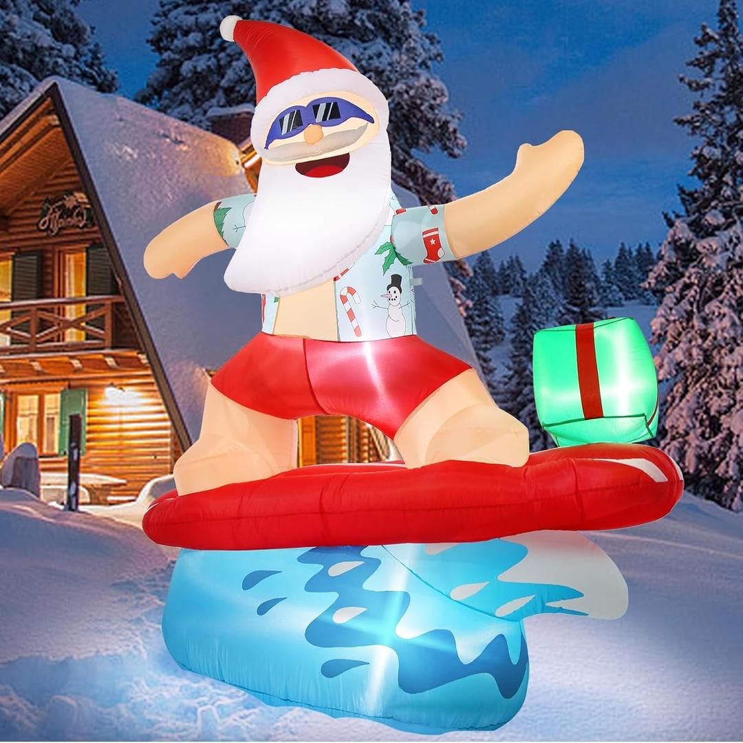 Gardentime 6.5FT Christmas Santa Claus Inflatables Outdoor Decoration Surfing Santa Fun Hawaii Giant Xmas Blowups with Built-in LED Lights for Holiday Indoor Yard Lawn Garden Outside Home Dcor