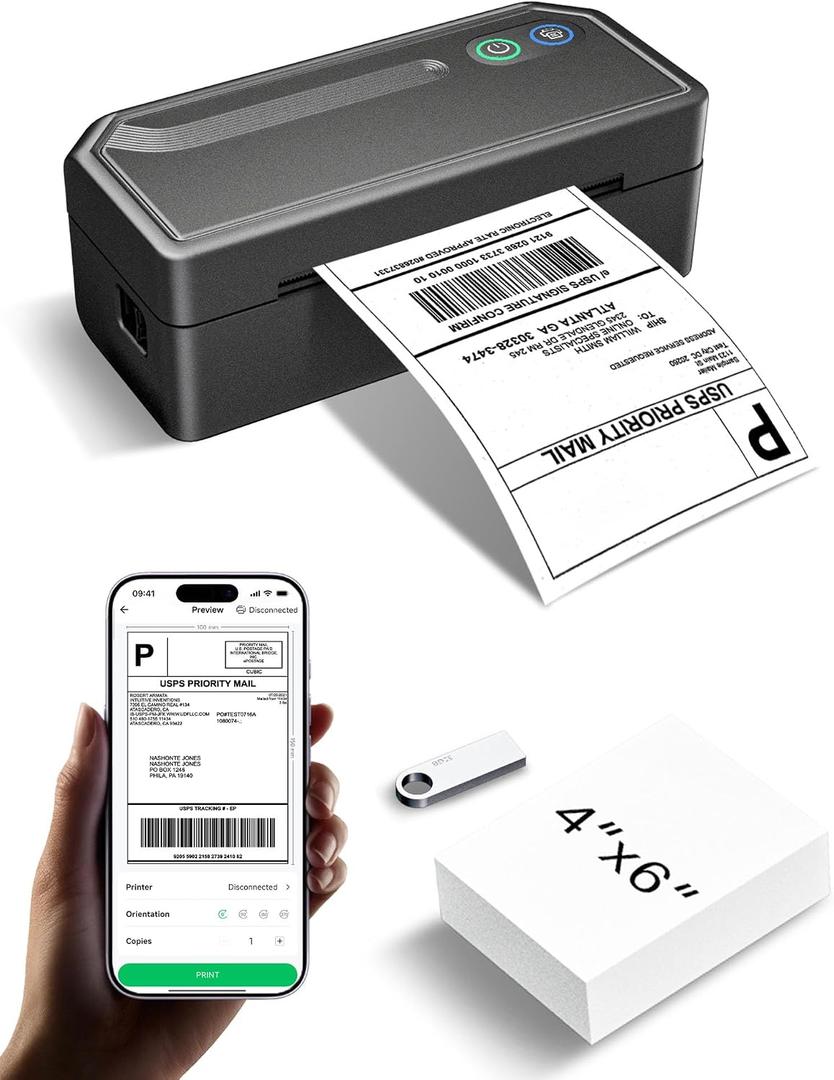 Shipping Label Printer 4x6 Bluetooth Thermal Label Printer for Small Business, Warehouse or Home Office, Compatible with Windows iOS Android Mac, USPS Amazon Etsy