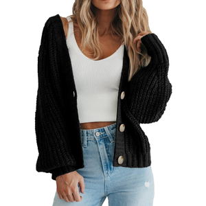 PRETTYGARDEN Women's Chunky Knit Open Front Sweater Long Sleeve Button Loose Short Cardigan Outerwear Coats, Black M