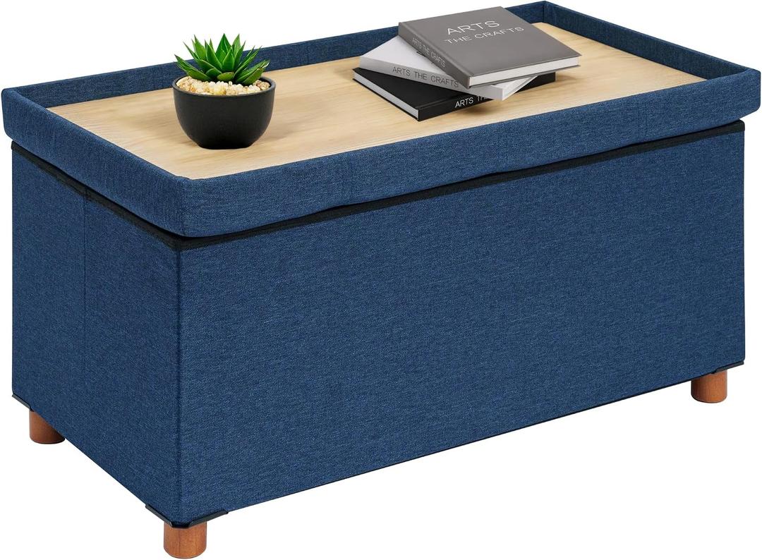 B FSOBEIIALEO Storage Ottoman with Tray, Foot Stools and Ottomans with Legs, Storage Cube Seat Linen Blue 30", Large