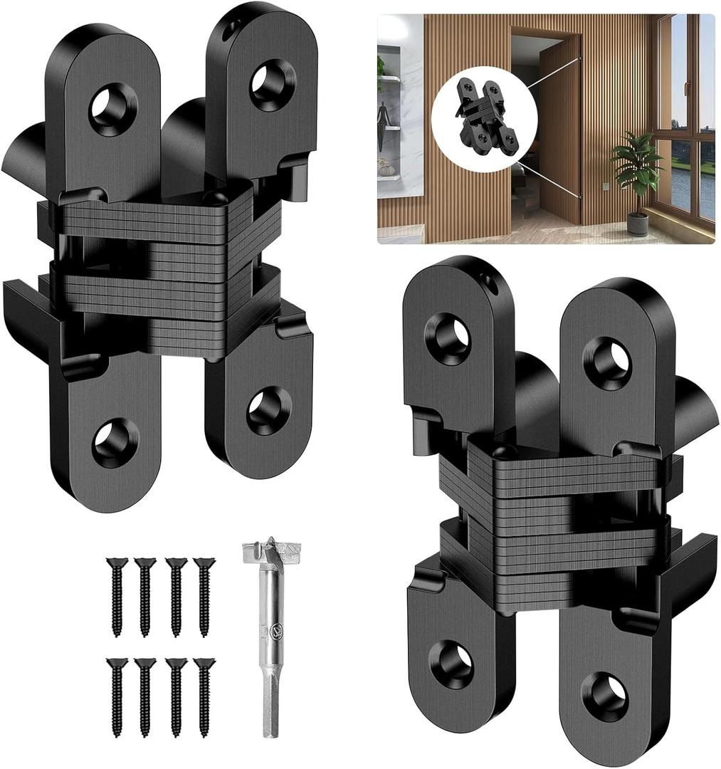 Invisible Hinges for Cabinet Doors, 180 Degree Hidden Door Hinges 0.75 * 3.74Inch 2PCS - Zinc Alloy Concealed Cross Hinges in Black for Kitchen Cabinets from Door Thick(1-3/16"~1-9/16")