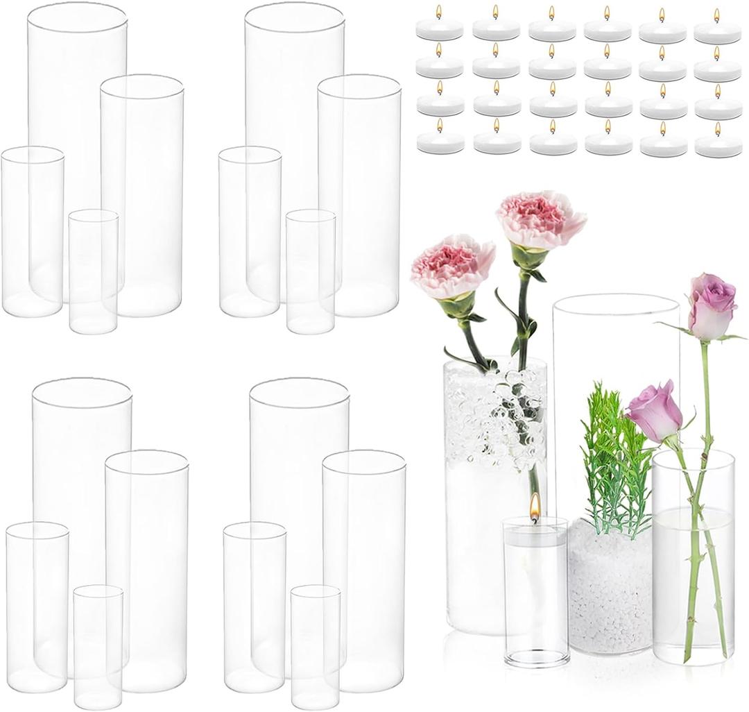 UDU Set of 16 Cylinder Glass Vases and 24 Pcs Floating Candles for Centerpiece, 4,6,8,10 Inch Tall Clear Hurricane Candle Holder Glass Vases for Centerpiece Table Wedding Home Decor