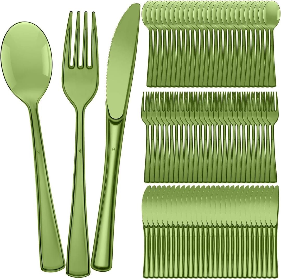 Minatee 150 Pieces Disposable Cutlery Set Plastic Silverware Heavy Duty Utensil Sets 50 Forks 50 Knives 50 Spoons for Home Office School Party Picnics Restaurant Outdoor Events (Olive Green)