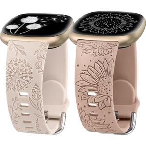 Minyee 2 Packs Floral Engraved Band Compatible with Fitbit Versa 4/Versa 3/Sense 2/Sense Band Women, Cute Silicone Dandelion Sunflower Design Soft Sport Fancy Summer Strap for Versa 4 (Starlight & Nude)