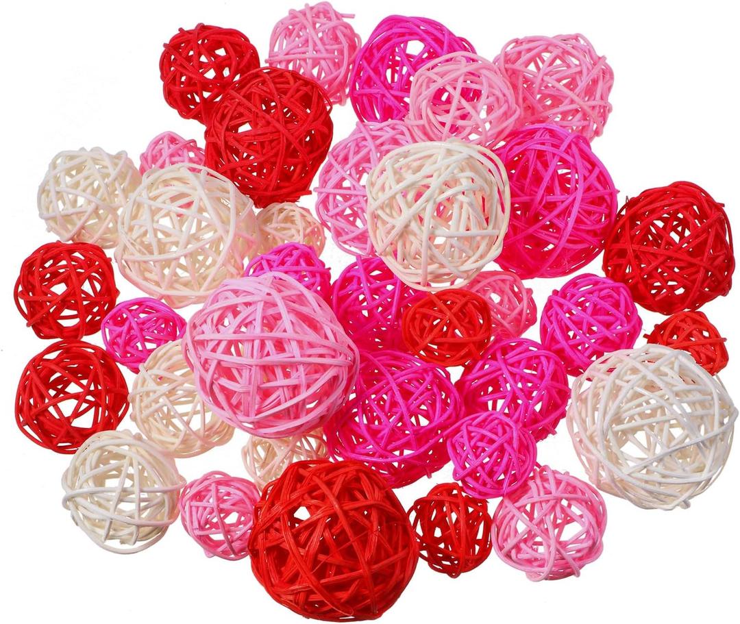 Patelai 36 Pcs Wicker Rattan Balls Decorative Balls for Vase Centerpiece Bowls Orbs Filler for Home Decor,4 Sizes(White, Pink, Rose, Red,2.4'',2'',1.6'',1.2'')