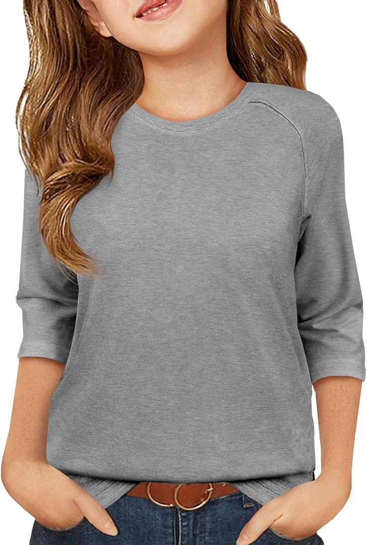 ZDC Girls Casual 3/4 Sleeve T Shirts Kids Cute Crewneck Tops Basic Tees Blouse for 5-14 Years