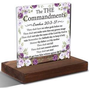 The Ten Commandments Acrylic Plaque, Bible Verse Inspirational Wall Art, Exodus 20:3-17 Scripture Home Decor, Christian Gift Floral Decor, Religious Keepsake Gift for Home, Office & Church,XXD103