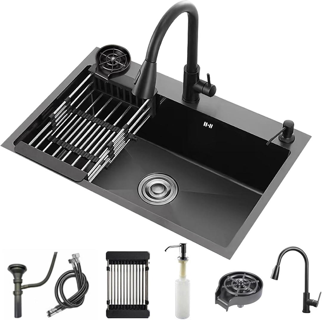 Black Kitchen Sink with Faucet, Top Mount/Drop-In 3 Hole Single Bowl Stainless Steel Sink with Cup Washer, Soap Dispenser, Drainage kit for Bar, Kitchen, Balcony (19.7 * 17.7in)