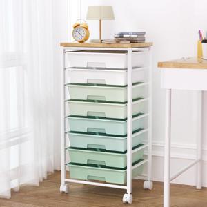 Rolling Cart with 8 Drawers, Storage Drawers Cart with Wooden Tabletop and Lockable Wheels, Craft Storage for Living Room, Office, Classroom, Craft Room, Bedroom (Green)