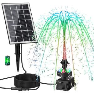 Solar Fountain Pump, Upgrade 3.5W Glass Panel Solar Water Pump Kits with Stake, 16.4ft Cable, 2000mAh Battery, Colorful Lights, Solar Powered Bird Bath Water Pump for Hummingbird, Garden