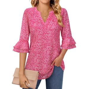 Womens Work Office Tops 3 4 Half Sleeve Dressy Casual Blouses for Women Business Casual Ruffle Sleeve Party Evening Dress Up Chiffon Floral Printed Going Out Modest Clothes Pink Floral Large (Pink, L)