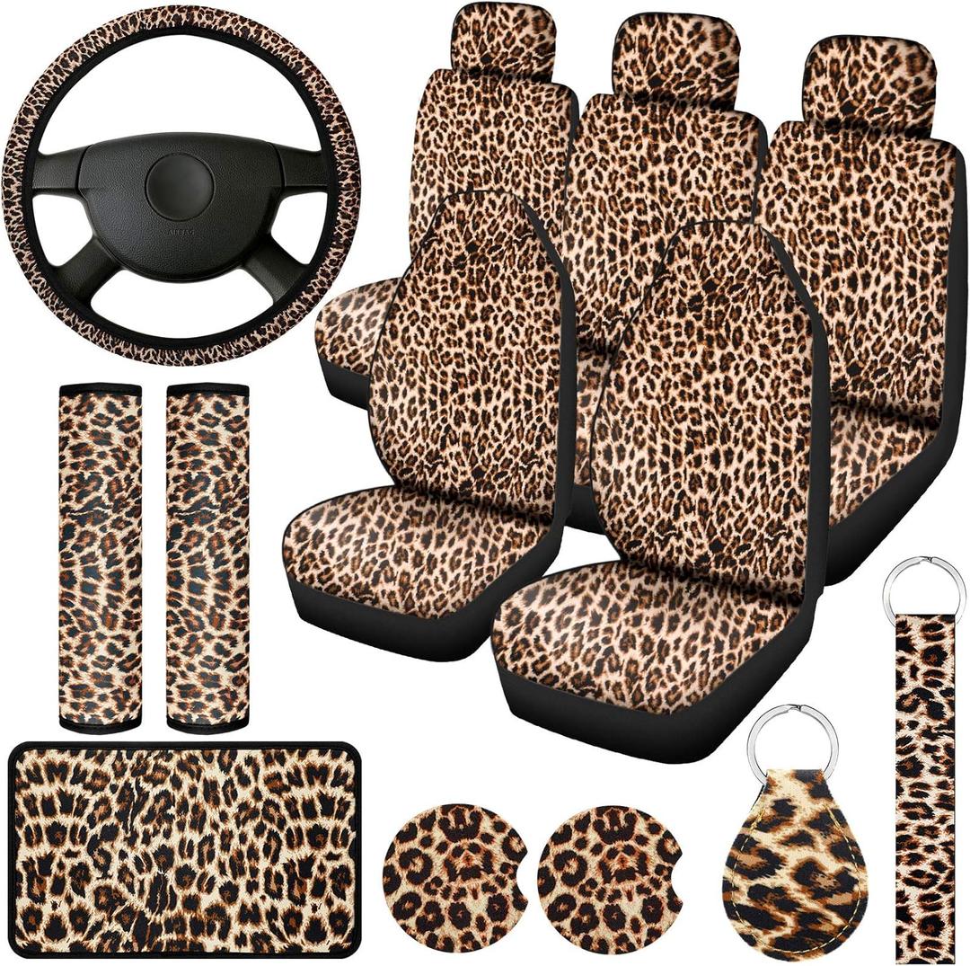 Frienda 13 Pieces Leopard Print Car Seat Covers Full Set, Leopard Accessories Set, Covers Steering Wheel Cover, Seat Pads Armrest Pad Cover Seat Belt Pads and Keychain Wrist Holder (Brown)