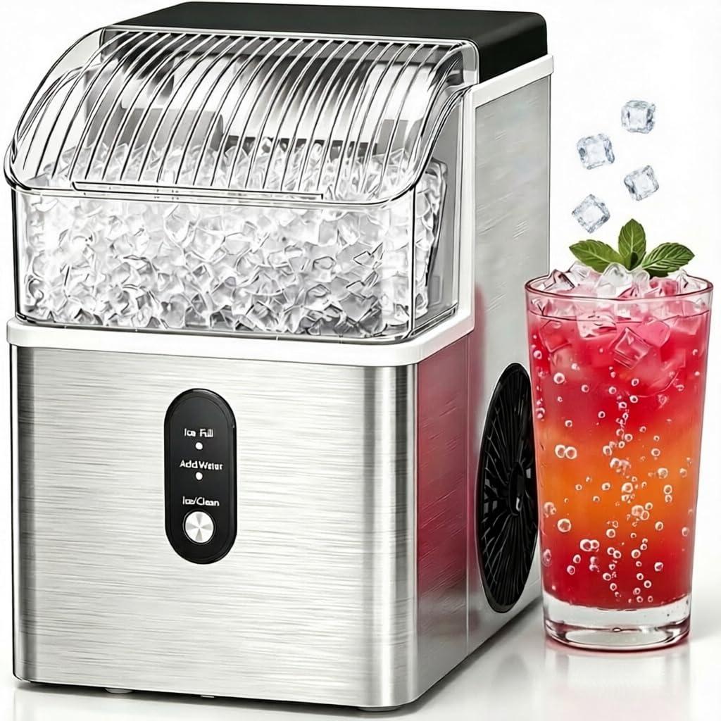 COWSAR Nugget Ice Maker Countertop, Soft Chewable Pellet Ice Maker Machine with Self-Cleaning Function, 35Lbs/24H, Ready in 7 Mins, Portable Countertop Ice Makers for Home, Office, Stainless Steel