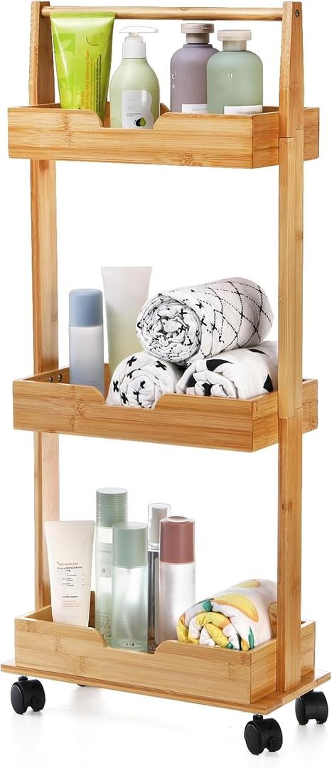 Lyellfe 3 Tire Shower Caddy Stand, Bamboo Shower Floor Organizer Corner with Sliding Wheels, Bathroom Caddy Shelf Rack for Bathtub, Office, Kitchen