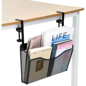 Clamp On Desk Organizer, 2-IN-1 Under Desk Side Organizer Storage, Wall Mounted Mesh File Rack, Hanging Office Organization for Document Magazine Paper School Supplies, Black