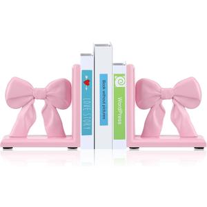 Threehoney 2 Pieces Pink Bow Bookends Cute Book Ends for Shelves Decorative Book Stand Bow Sculpture Statues Tabletop Shelf Ornament Room Decor for Home Office School Dorm Girl Desk