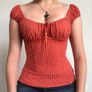 Women Fairy Grunge Shirt Summer Cap Sleeve Lace Up Polka Dot Milkmaid Tops Vinatge E-Girls Aesthetic Clothes (Small)