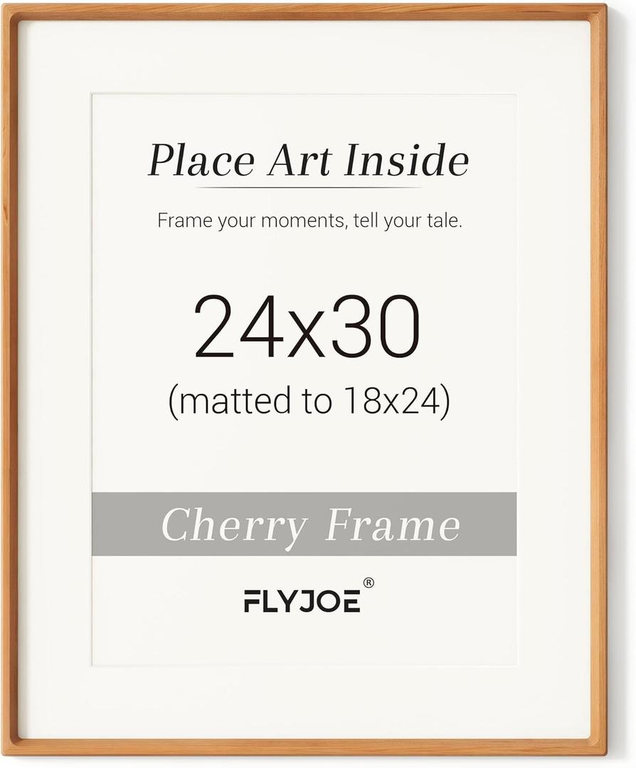 24 x 30 Poster Frame, USA-Sourced Natural Cherry Wood Picture Frame with Tempered Glass, Handcrafted Rounded Corner 24x30 Wooden Frame Matted to 18x24 Photos, Horizontal or Vertical Wall Mounting