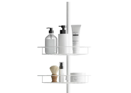 Zenna Home Tension Pole Shower Caddy, Adjustable Corner Shower Storage System with 2 Baskets and Built in Towel Bar, Rust-Resistant Bathroom Organization Solution, White 