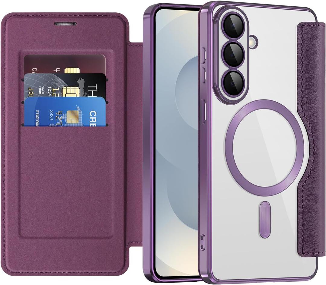 LEMAXELERS for Samsung Galaxy S26 Ultra Wallet Case, with Card Holder [RFID Blocking] Compatible with MagSafe, Transparent Back Camera Protection Shockproof Cover for Samsung S26 Ultra, Purple WD