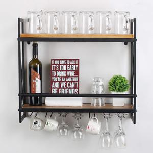 MBQQ Rustic Wall Mounted Wine Racks with 6 Stem Glass Holder,23.6in Industrial Metal Hanging Wine Rack,2-Tiers Wood Shelf Floating Shelves,Home Room Living Room Kitchen Decor Display Rack (Black)