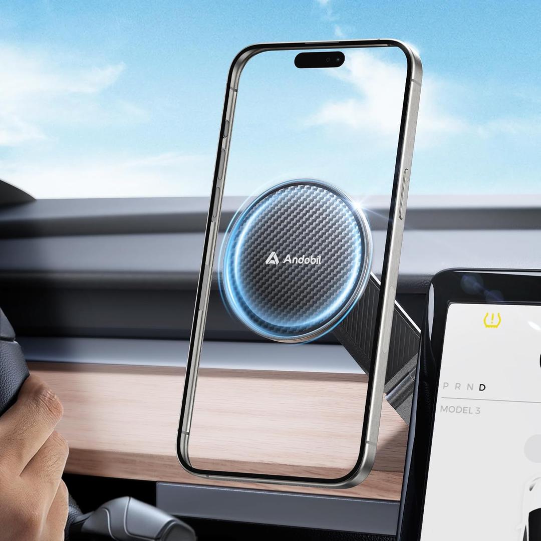 andobil 2025 Tesla Phone Mount [Strong Magnet & Foldable] MagSafe Car Mount for Tesla New Model Y Juniper Model 3, 360 Adjustable Tesla Phone Holder fits iPhone 16 15 14 13 Pro Max, Tesla Accessories
