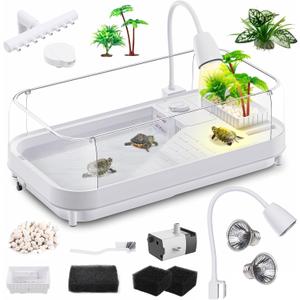 Large Turtle Tank Kit with Lamp and Filter, Acrylic Turtle Tank Starter Kit, Tank Aquarium with Heightened and Curved Fences, Bottom Drainage, Multi-Function Areas