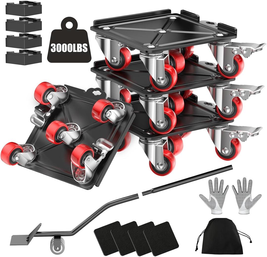LOYAL TIGER Heavy Duty 3000LBS Furniture Dolly & Movers with 5 Wheels & Brake - 360 Rotating Moving Dolly for Furniture, Piano, Appliances - 6.3 Inch Non-Slip Sliders, Red