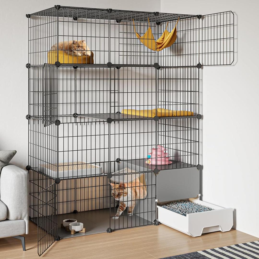 Oneluck Large Cat Cage with Litter Box, 4-Tier DIY Enclosures Detachable Metal Wire Kennel Indoor Crate Large Exercise Place Ideal for 1-2 Cats (41.3" L x 17.8" W x 55.1" H)