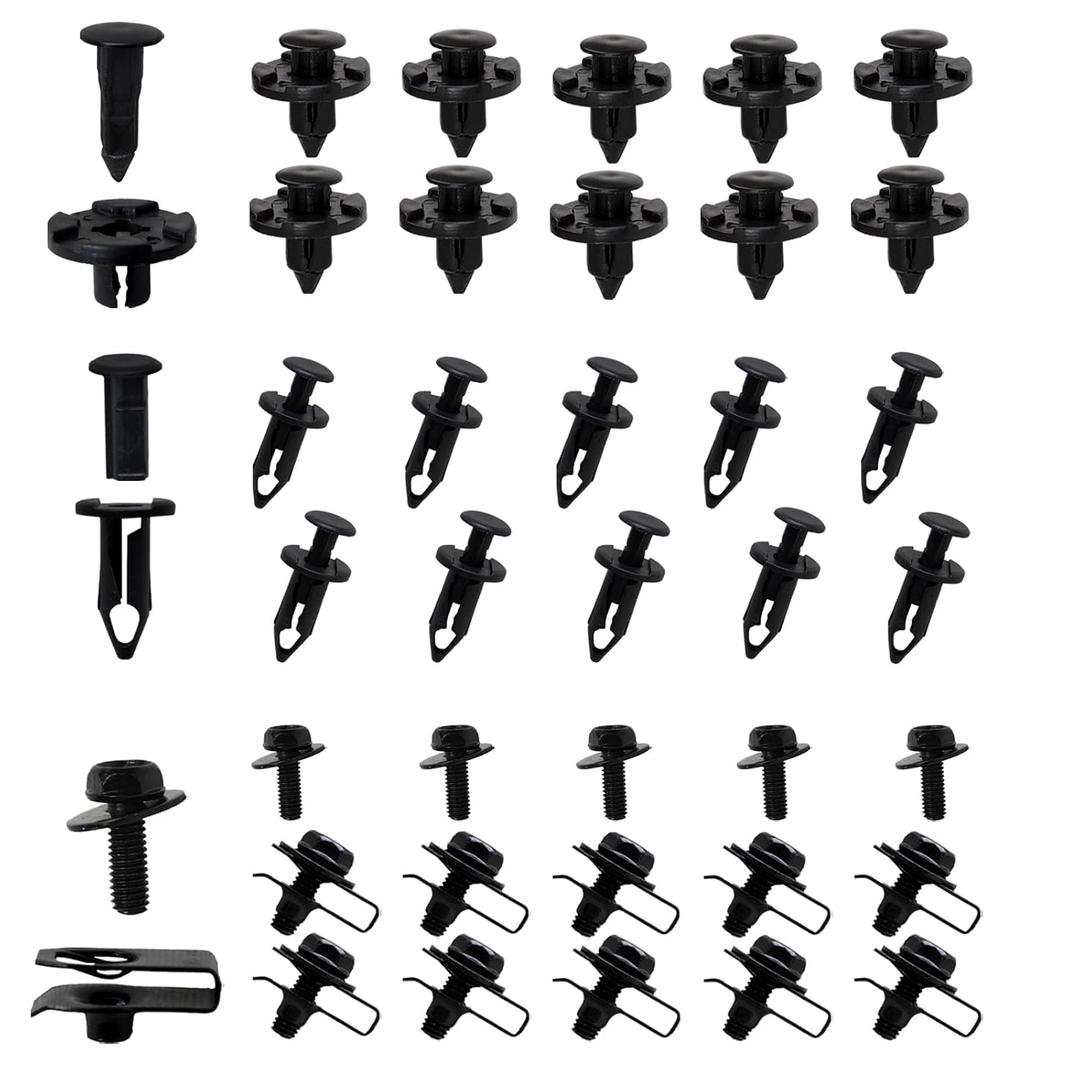 QMotz Engine Under Cover Splash Shield Guard Body Bolts Screws, Bumper Fender Liner Push Retainer Fastener Rivet Car Clips Kit, Car Bumper Clips, U-Nuts Kit, Universal Car Replacement, Black65PCS