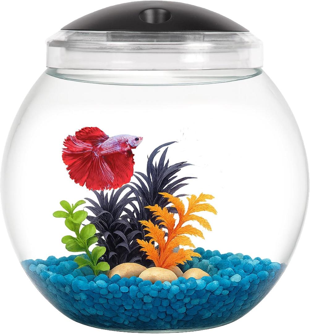 Koller Products 1-Gallon Globe Fish Bowl, Impact- Resistant Plastic Aquarium Starter Kit with LED Lighting, Built-in Timer, Crystal-Clear Clarity, Desktop Fish Tank for Home Dcor