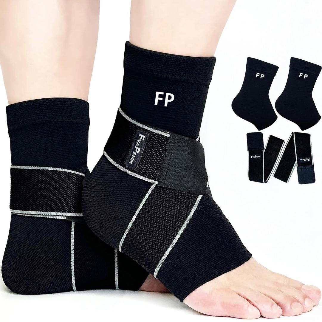 Ankle Support Brace for Women Men, 1 Pair Achilles Tendonitis Brace for Plantar Fasciitis Relief, Copper Infused Ankle Compression Sleeve with Adjustable Strap, Support for Sprained Ankle, Day&Night, Black, M