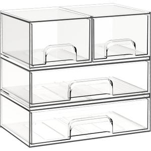 Criusia Stackable Storage Drawers, 4 Pack Clear Plastic Makeup & Bathroom Organizer, Versatile Storage Bins for Vanity, Under Sink, Kitchen Cabinets & Pantry